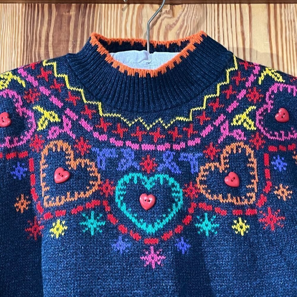 VTG GRAND Made in USA Blue Multicolored 3/4 sleeve Mock Neck Sweater 3D Hearts - Picture 2 of 8